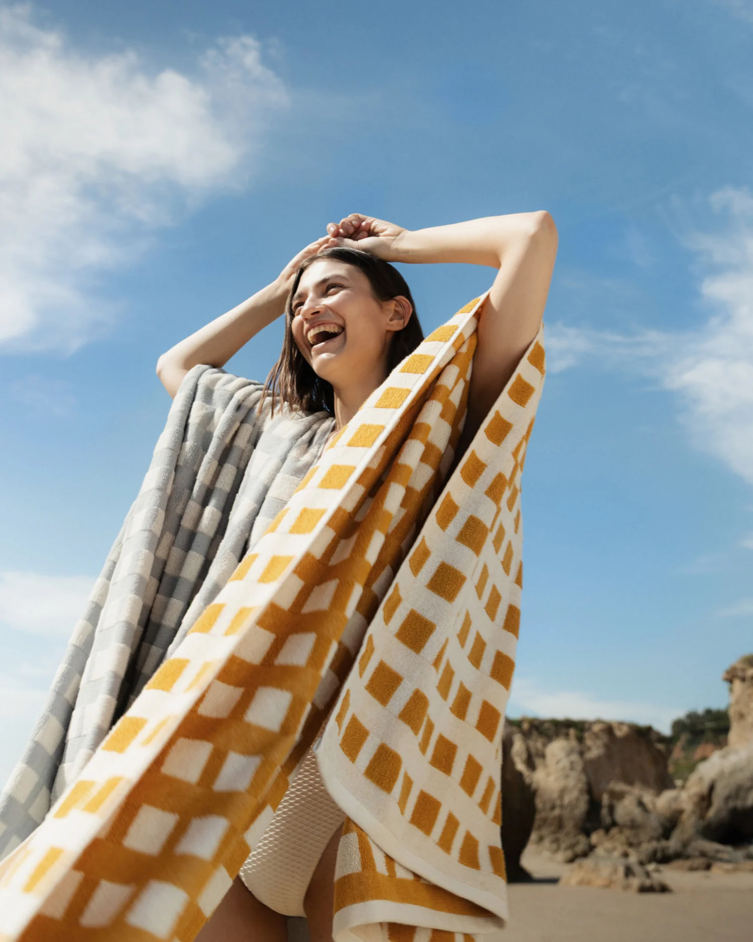 4x Capri Check Towel Bundle - Marigold with Natural - Image 4