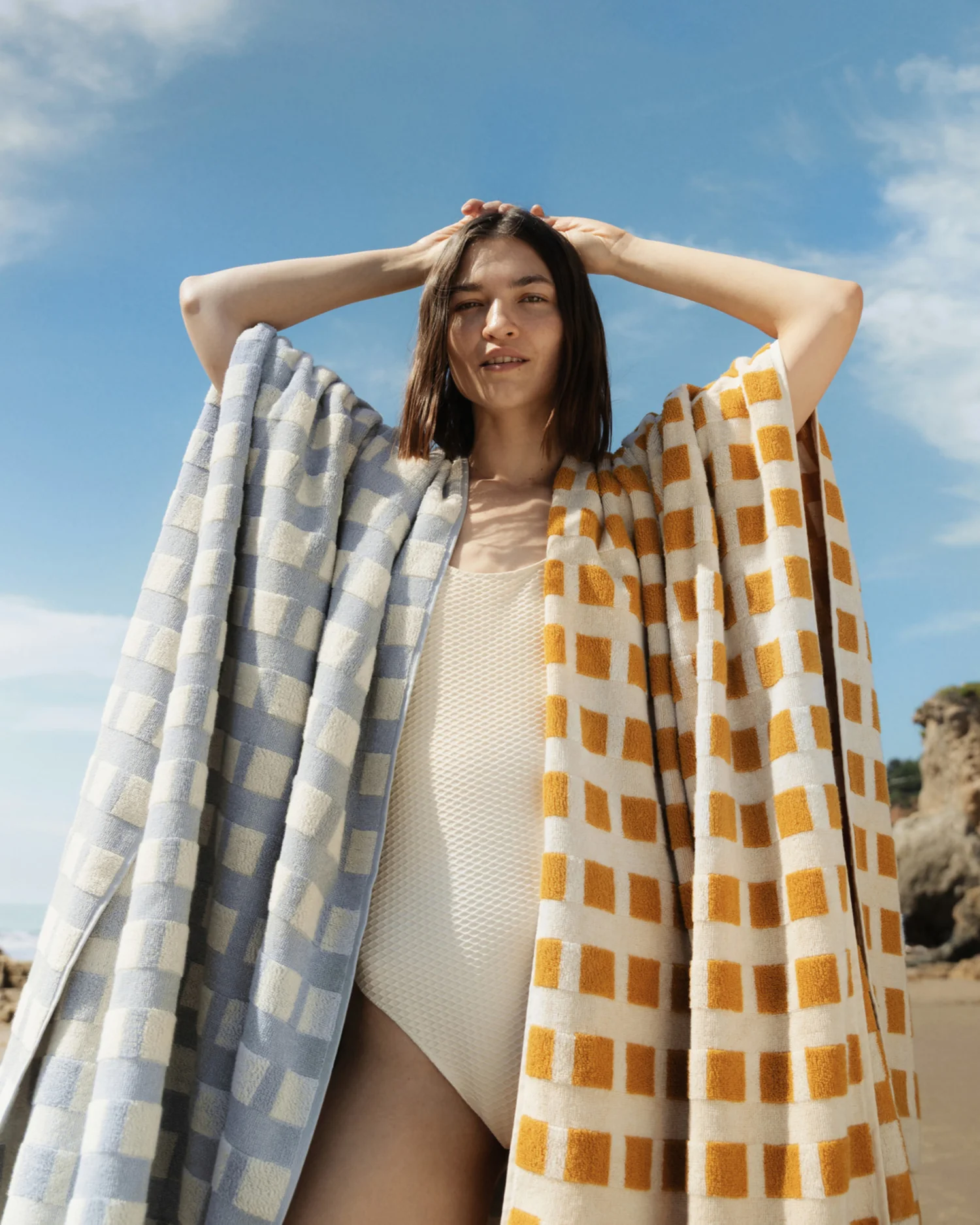 Capri Check Beach Towel (Sky with Natural) - Image 2