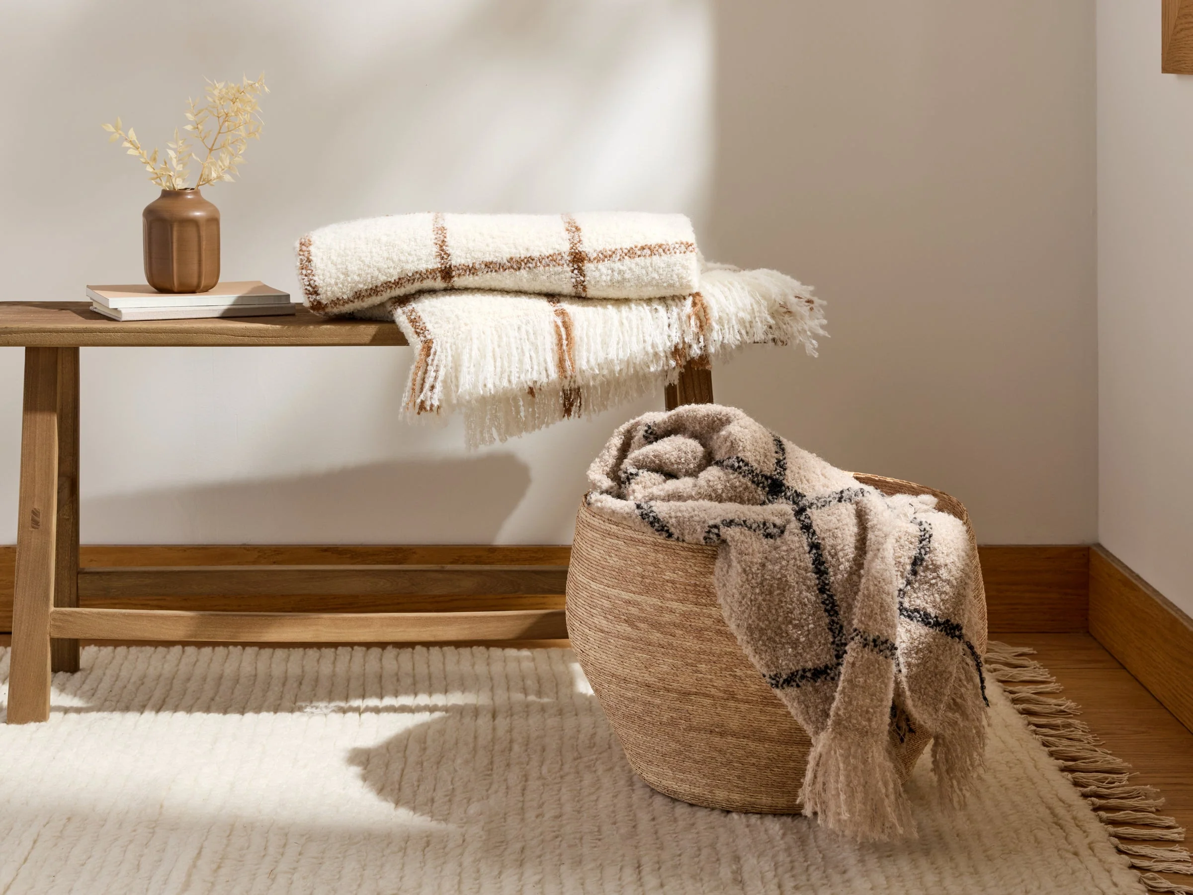 Alpaca Boucle Windowpane Throw (Cream with Tobacco) - Image 2
